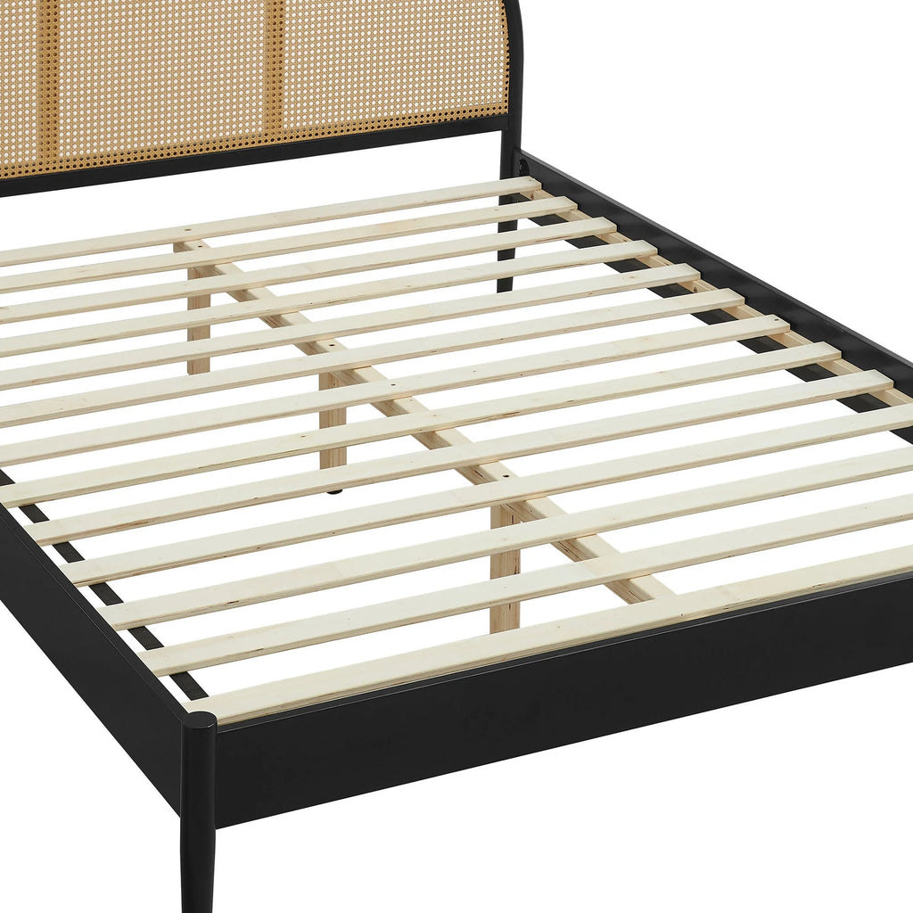 Arlina Charcoal Black Rattan Bed – Solid Wood Arch Headboard Bed Frame with Natural Woven Cane - DOBRI ARTS AU