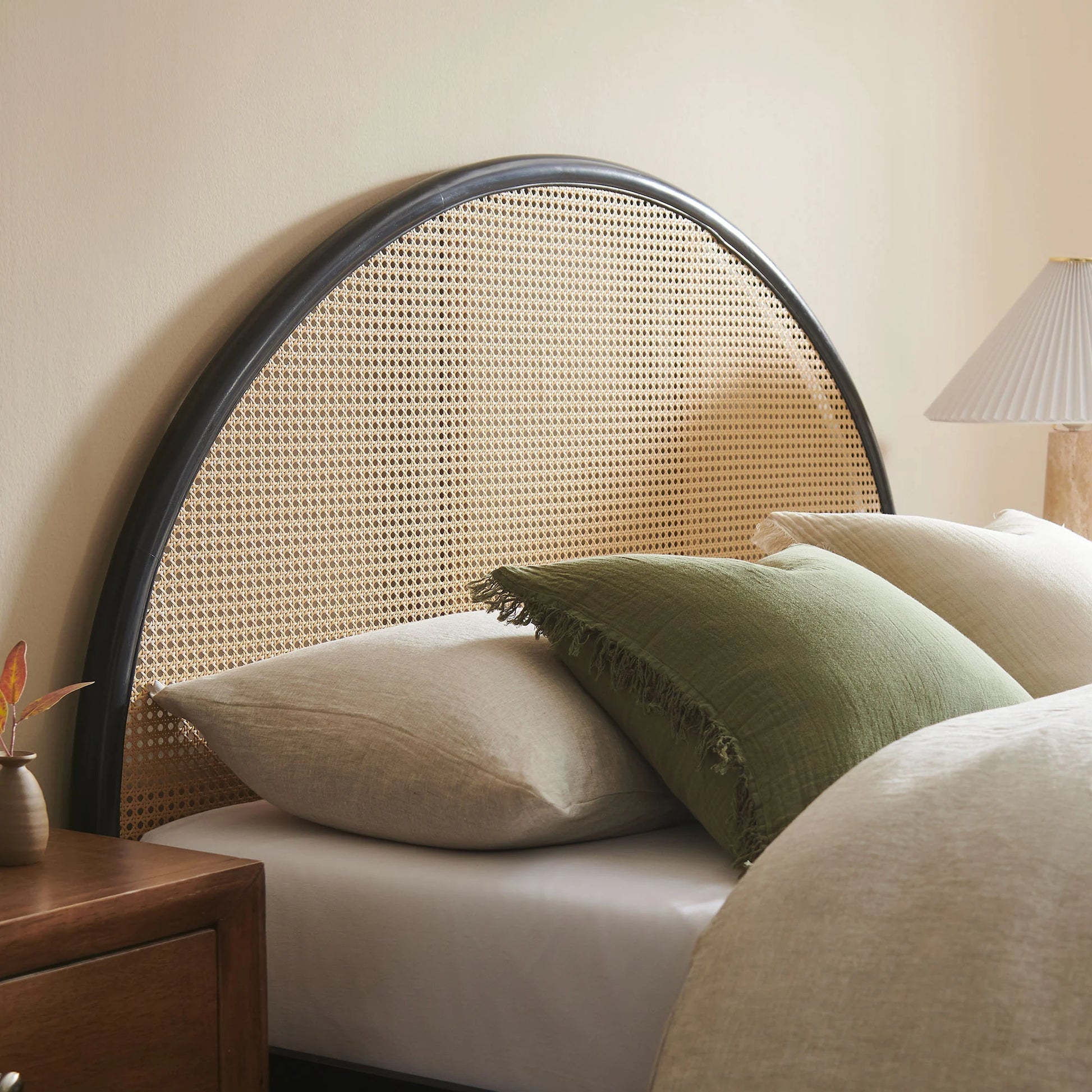 Arlina Charcoal Black Rattan Bed – Solid Wood Arch Headboard Bed Frame with Natural Woven Cane - DOBRI ARTS AU
