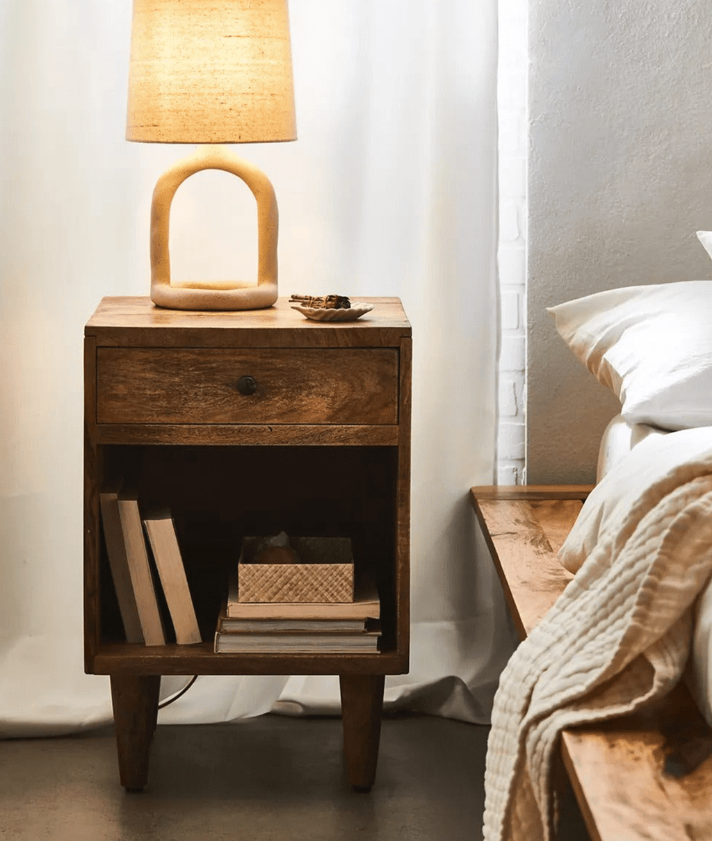Arlo Natural Mango Wood Bedside Table – Open Shelf Nightstand with Drawer, Tapered Legs & Mixed Wood Finish - DOBRI ARTS AU