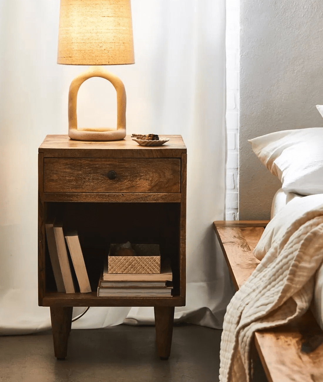 Arlo Natural Mango Wood Bedside Table – Open Shelf Nightstand with Drawer, Tapered Legs & Mixed Wood Finish - DOBRI ARTS AU