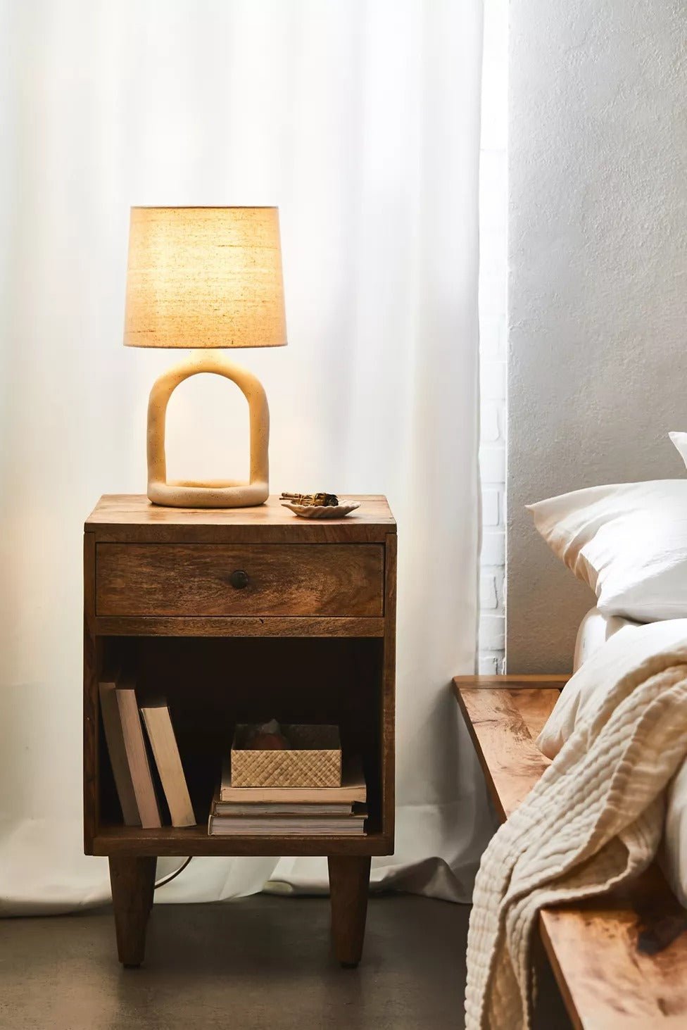 Arlo Natural Mango Wood Bedside Table – Open Shelf Nightstand with Drawer, Tapered Legs & Mixed Wood Finish - DOBRI ARTS AU