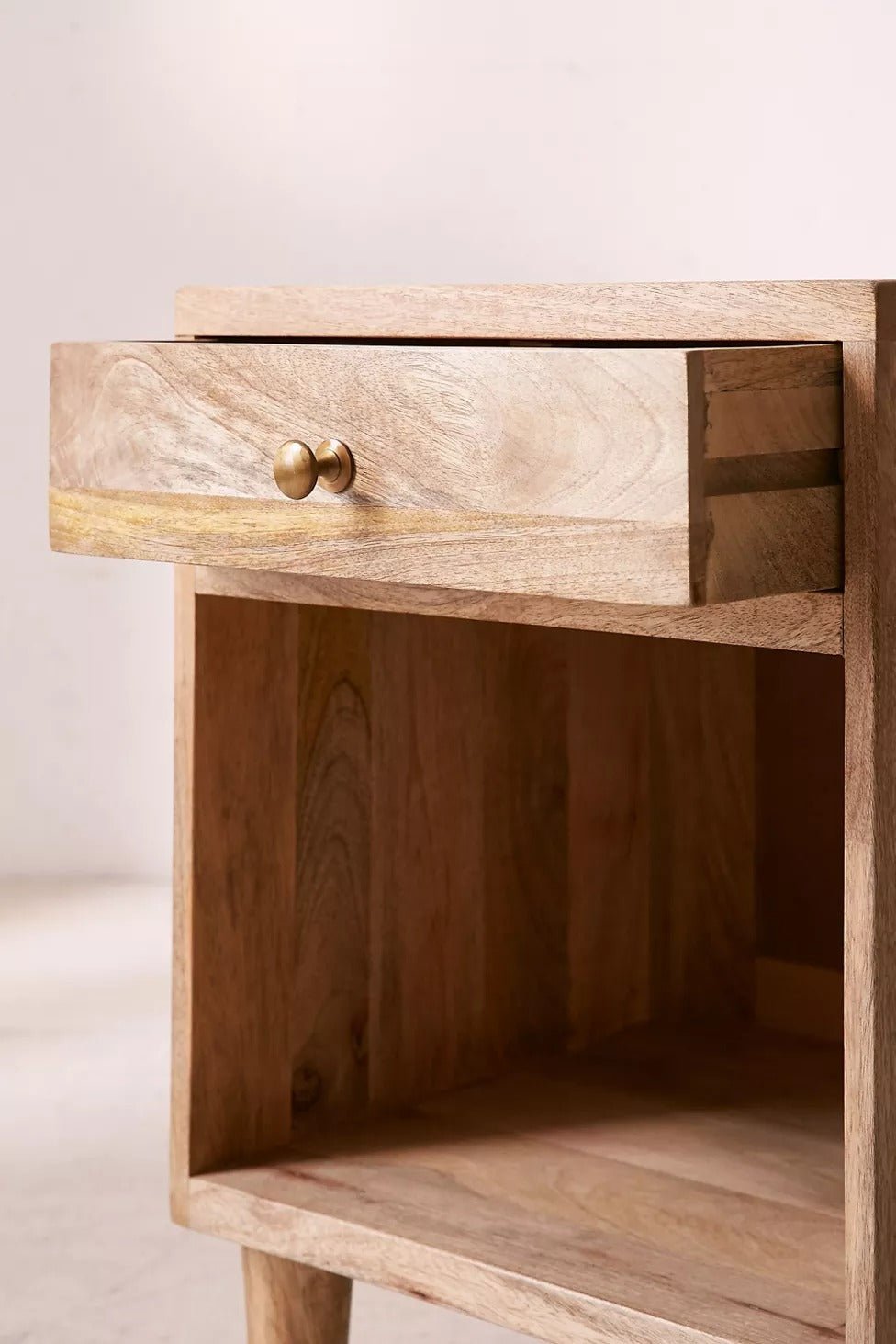 Arlo Natural Mango Wood Bedside Table – Open Shelf Nightstand with Drawer, Tapered Legs & Mixed Wood Finish - DOBRI ARTS AU