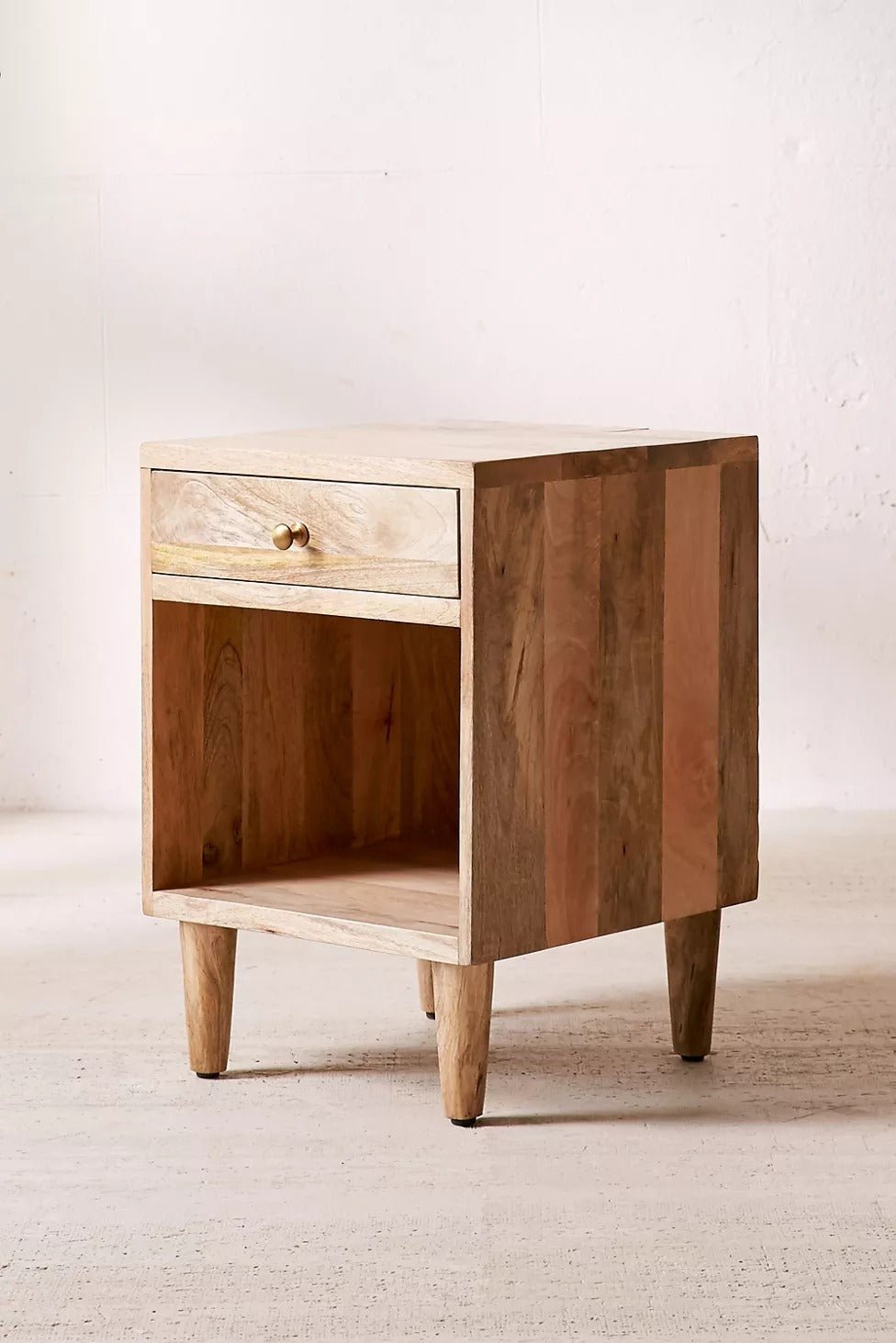 Arlo Natural Mango Wood Bedside Table – Open Shelf Nightstand with Drawer, Tapered Legs & Mixed Wood Finish - DOBRI ARTS AU