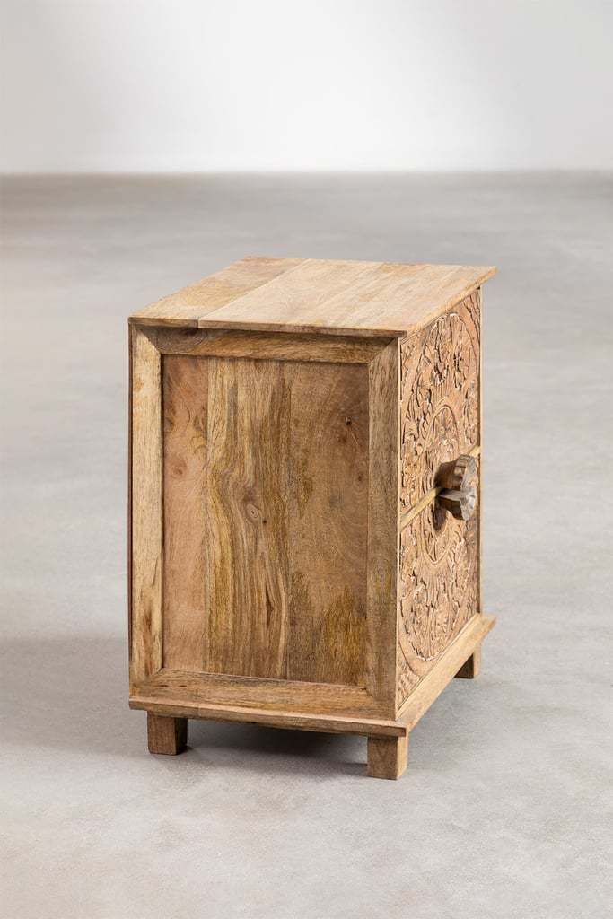 Aster Hand-Carved Mango Wood Bedside Table – Rustic Solid Wood Nightstand, Boho Accent Cabinet & Bedroom Storage Table - DOBRI ARTS AU