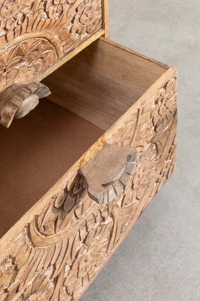 Aster Hand-Carved Mango Wood Bedside Table – Rustic Solid Wood Nightstand, Boho Accent Cabinet & Bedroom Storage Table - DOBRI ARTS AU
