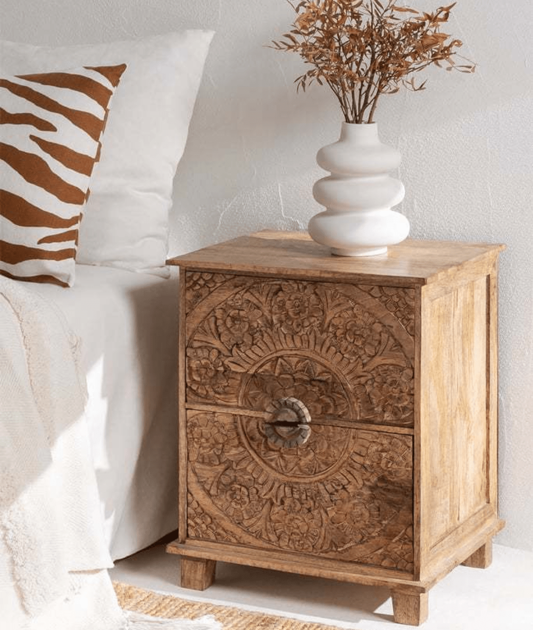 Aster Hand-Carved Mango Wood Bedside Table – Rustic Solid Wood Nightstand, Boho Accent Cabinet & Bedroom Storage Table - DOBRI ARTS AU