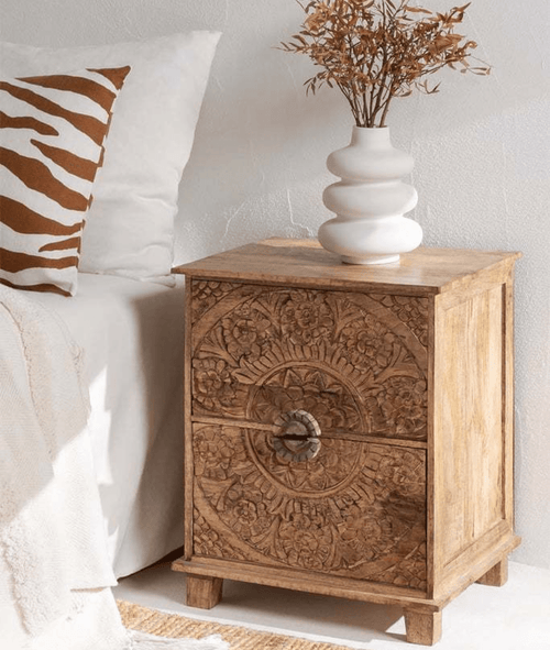 Aster Hand-Carved Mango Wood Bedside Table – Rustic Solid Wood Nightstand, Boho Accent Cabinet & Bedroom Storage Table - DOBRI ARTS AU