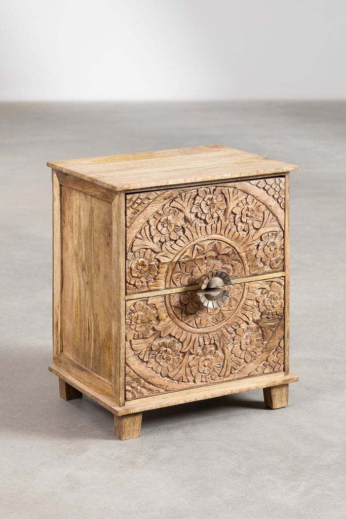 Aster Hand-Carved Mango Wood Bedside Table – Rustic Solid Wood Nightstand, Boho Accent Cabinet & Bedroom Storage Table - DOBRI ARTS AU