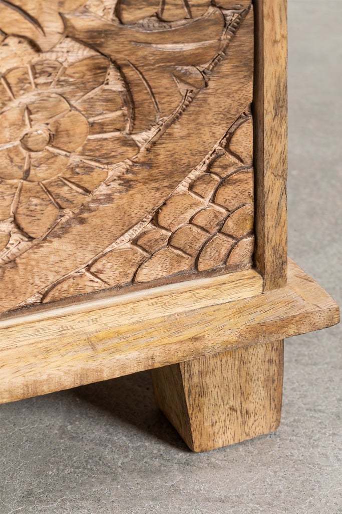 Aster Hand-Carved Mango Wood Bedside Table – Rustic Solid Wood Nightstand, Boho Accent Cabinet & Bedroom Storage Table - DOBRI ARTS AU
