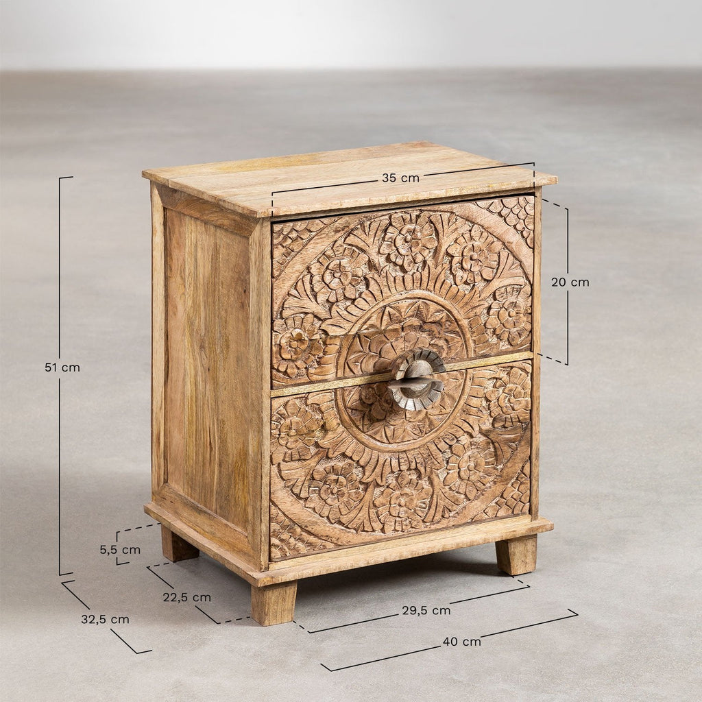 Aster Hand-Carved Mango Wood Bedside Table – Rustic Solid Wood Nightstand, Boho Accent Cabinet & Bedroom Storage Table - DOBRI ARTS AU