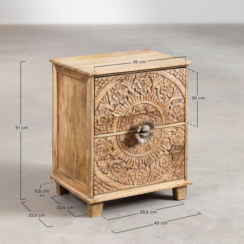 Aster Hand-Carved Mango Wood Bedside Table – Rustic Solid Wood Nightstand, Boho Accent Cabinet & Bedroom Storage Table - DOBRI ARTS AU