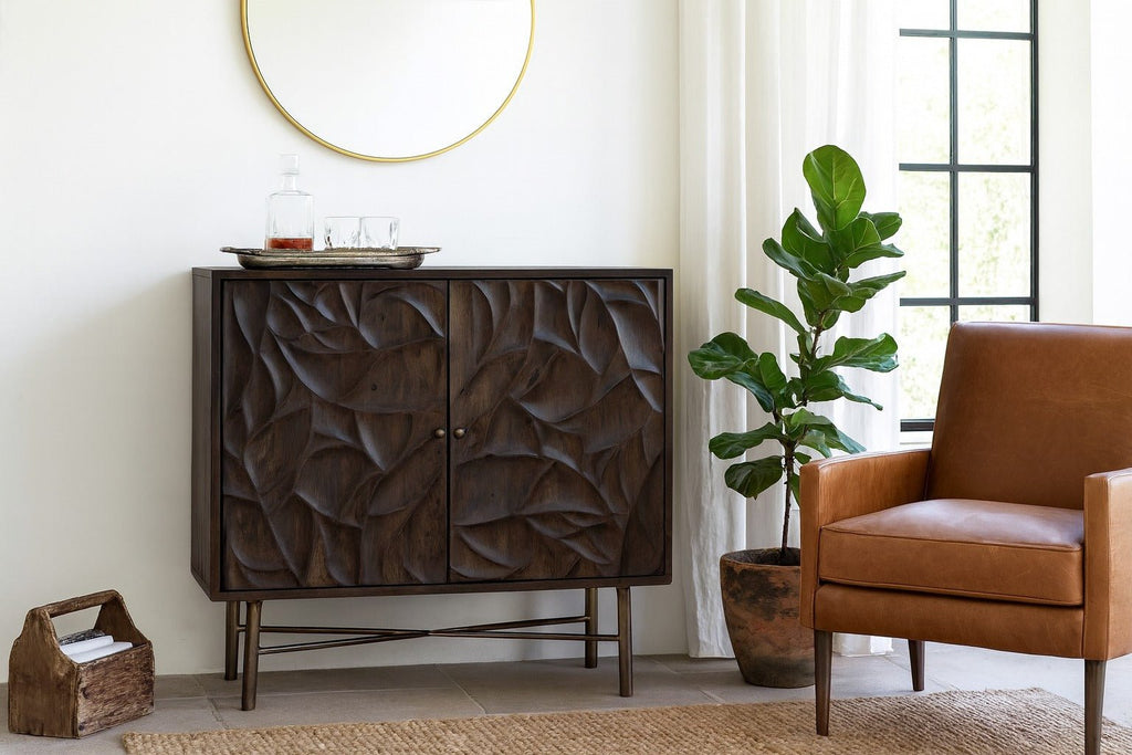 Avara Sculpted Dark Wood Cabinet with Metal Base - DOBRI ARTS AU
