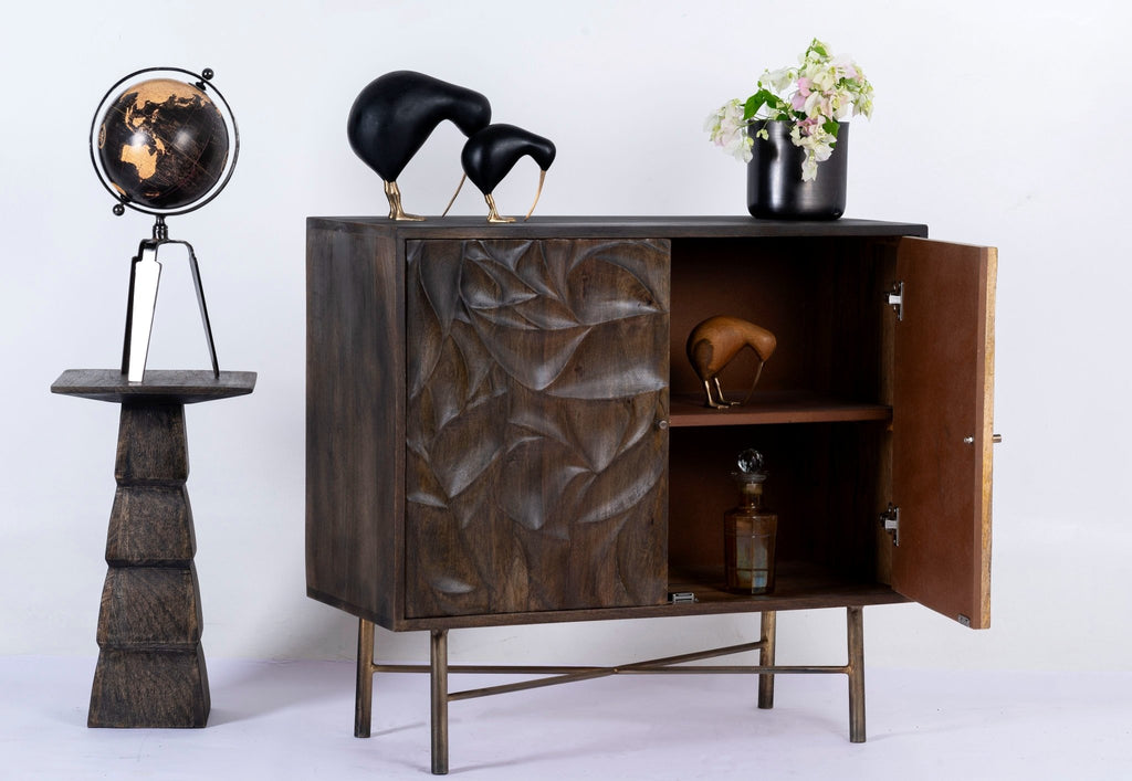 Avara Sculpted Dark Wood Cabinet with Metal Base - DOBRI ARTS AU