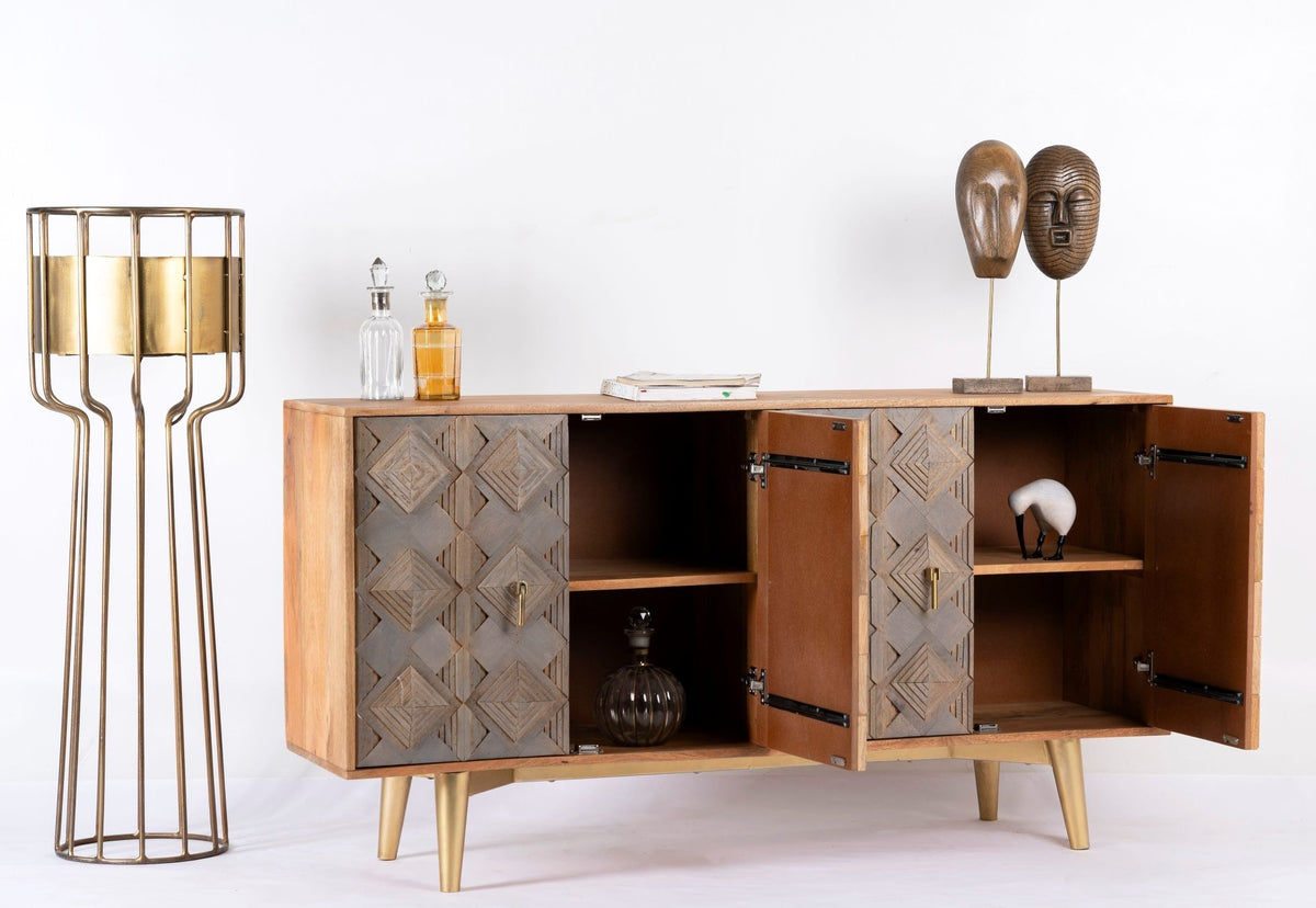 Avighna Geometric Carved Mango Wood Sideboard with Brass Legs - DOBRI ARTS AU