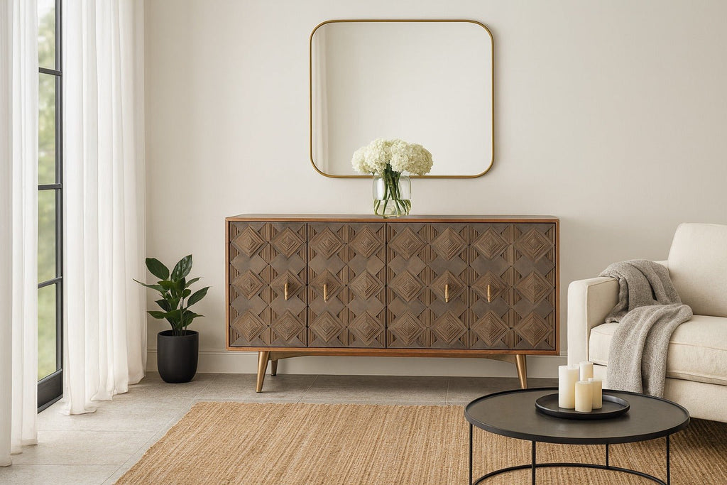 Avighna Geometric Carved Mango Wood Sideboard with Brass Legs - DOBRI ARTS AU
