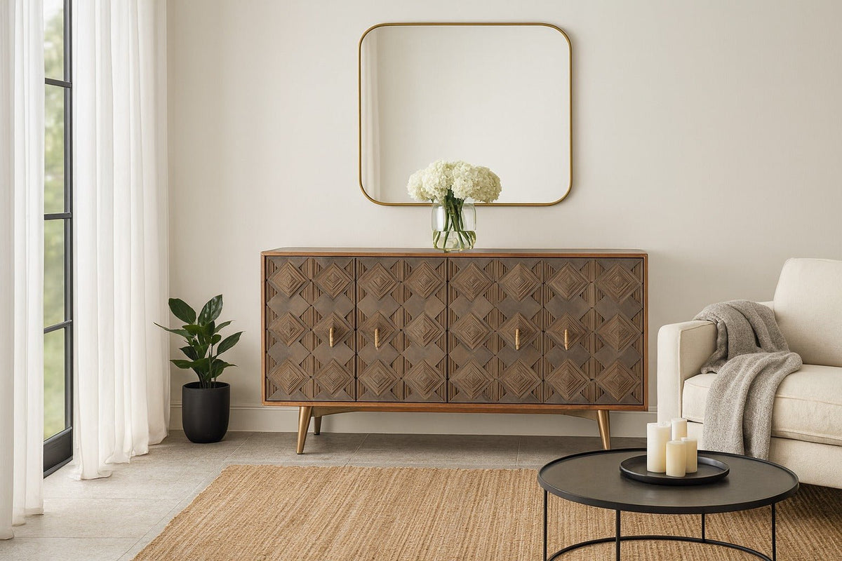 Avighna Geometric Carved Mango Wood Sideboard with Brass Legs - DOBRI ARTS AU