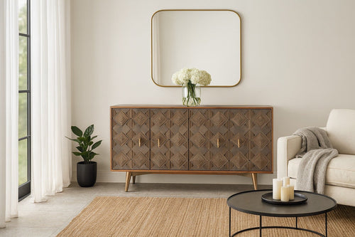 Avighna Geometric Carved Mango Wood Sideboard with Brass Legs - DOBRI ARTS AU