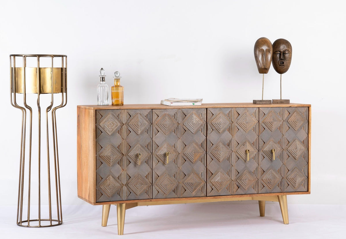 Avighna Geometric Carved Mango Wood Sideboard with Brass Legs - DOBRI ARTS AU