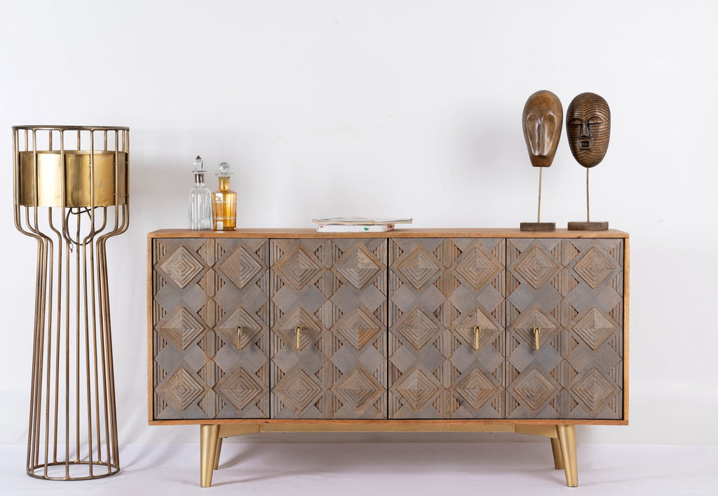 Avighna Geometric Carved Mango Wood Sideboard with Brass Legs - DOBRI ARTS AU