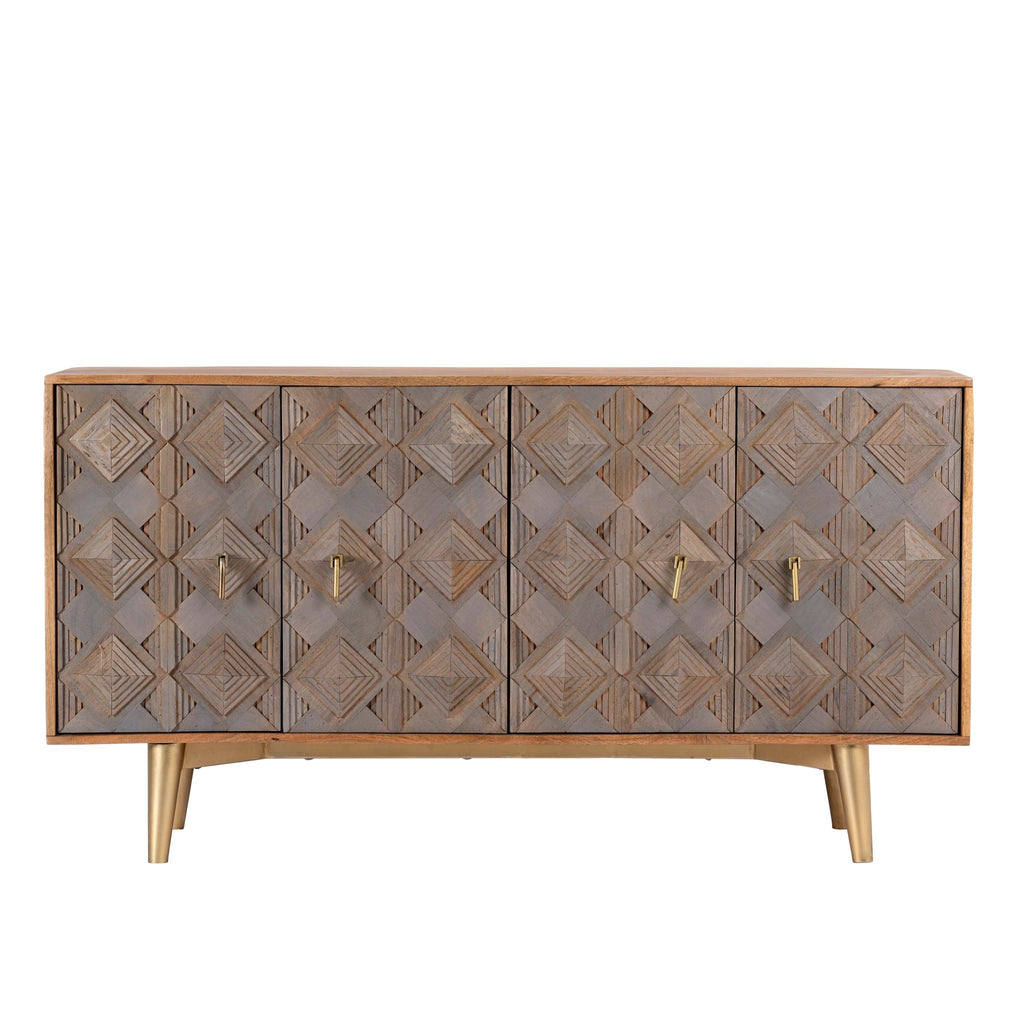 Avighna Geometric Carved Mango Wood Sideboard with Brass Legs - DOBRI ARTS AU