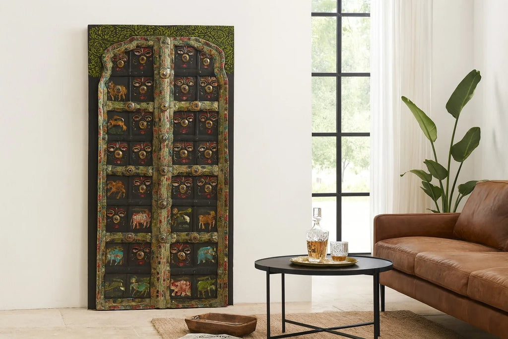 Ayandh Tribal Hand-Painted Indian Teak Door Panel - DOBRI ARTS AU