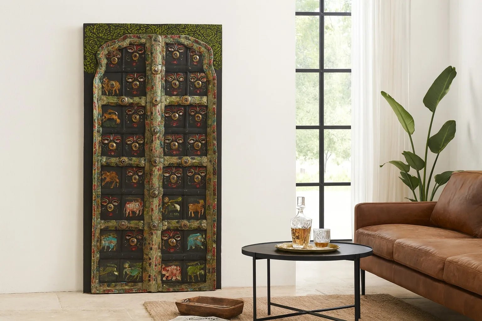 Ayandh Tribal Hand-Painted Indian Teak Door Panel - DOBRI ARTS AU