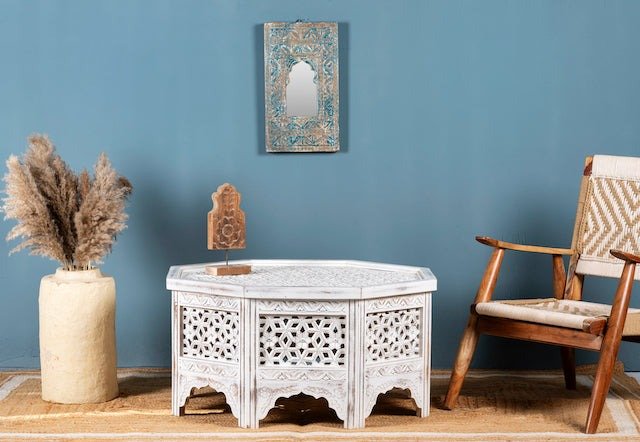 Barkot Whitewashed Hand-Carved Mango Wood Octagonal Coffee Table - DOBRI ARTS AU