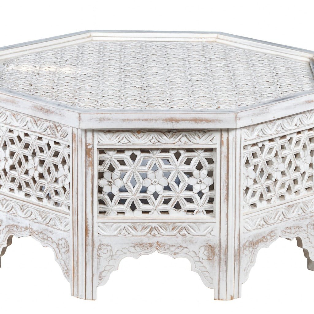 Barkot Whitewashed Hand-Carved Mango Wood Octagonal Coffee Table - DOBRI ARTS AU