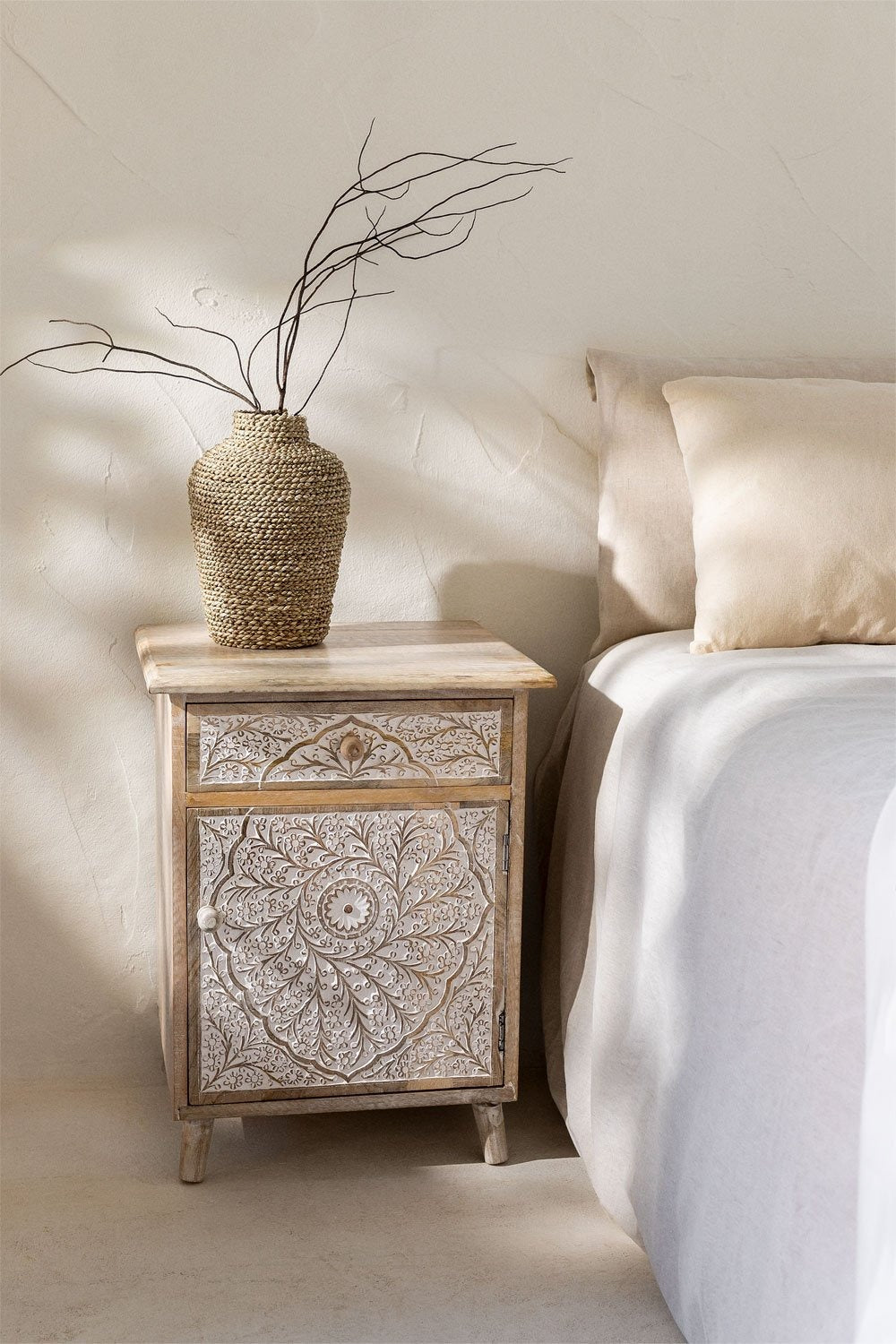 Arvika Hand Carved Wooden Bedside Cabinet