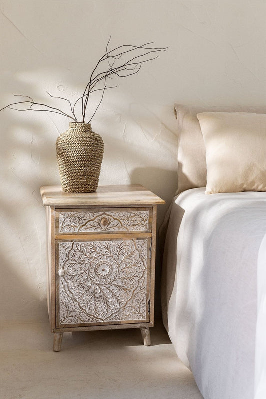 Arvika Hand Carved Wooden Bedside Cabinet