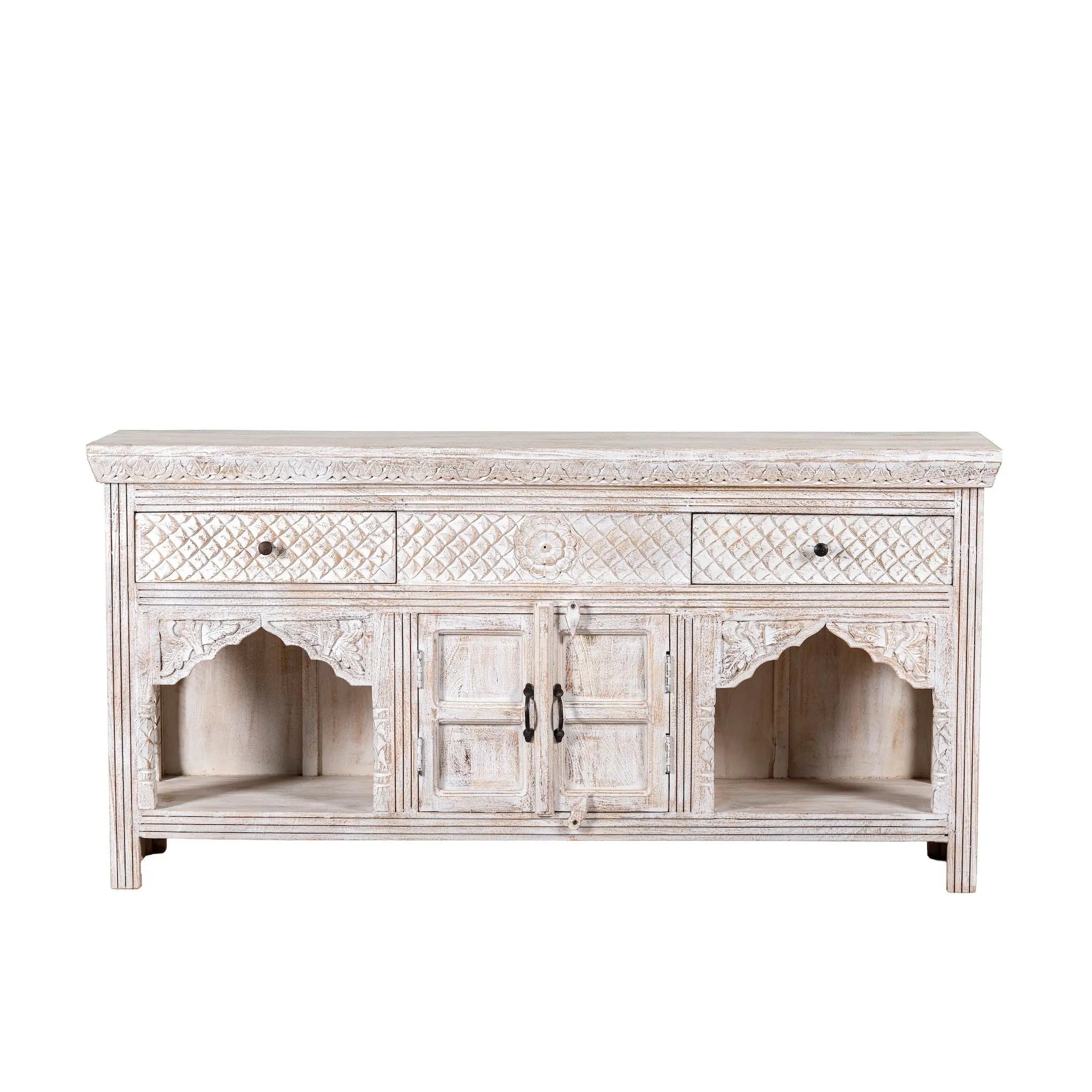 Bhanvad Whitewashed Carved Mango Wood Sideboard - DOBRI ARTS AU