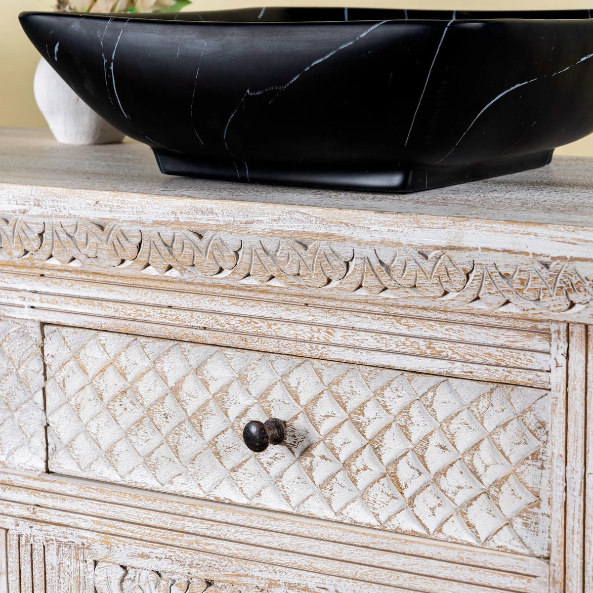 Bhanvad Whitewashed Carved Mango Wood Sideboard - DOBRI ARTS AU