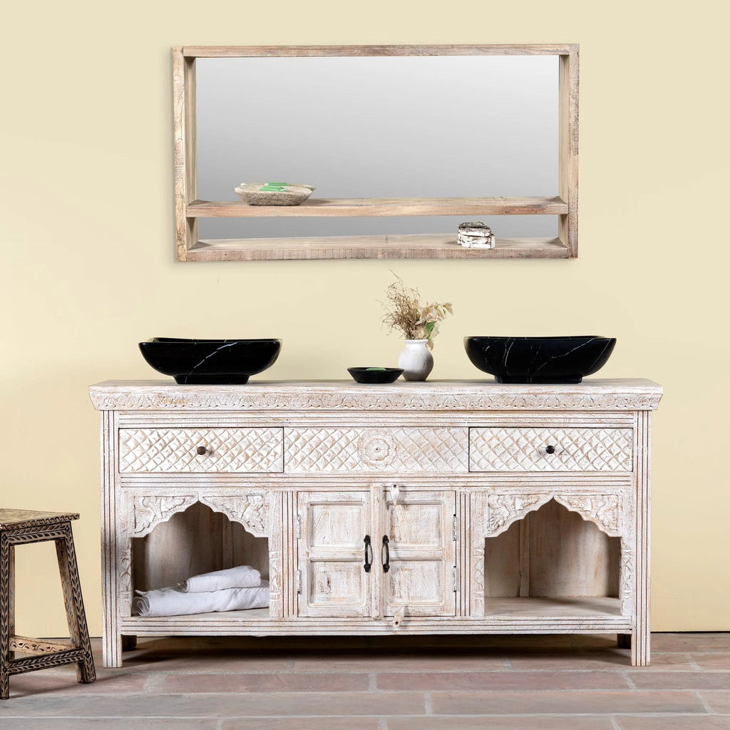 Bhanvad Whitewashed Carved Mango Wood Sideboard - DOBRI ARTS AU