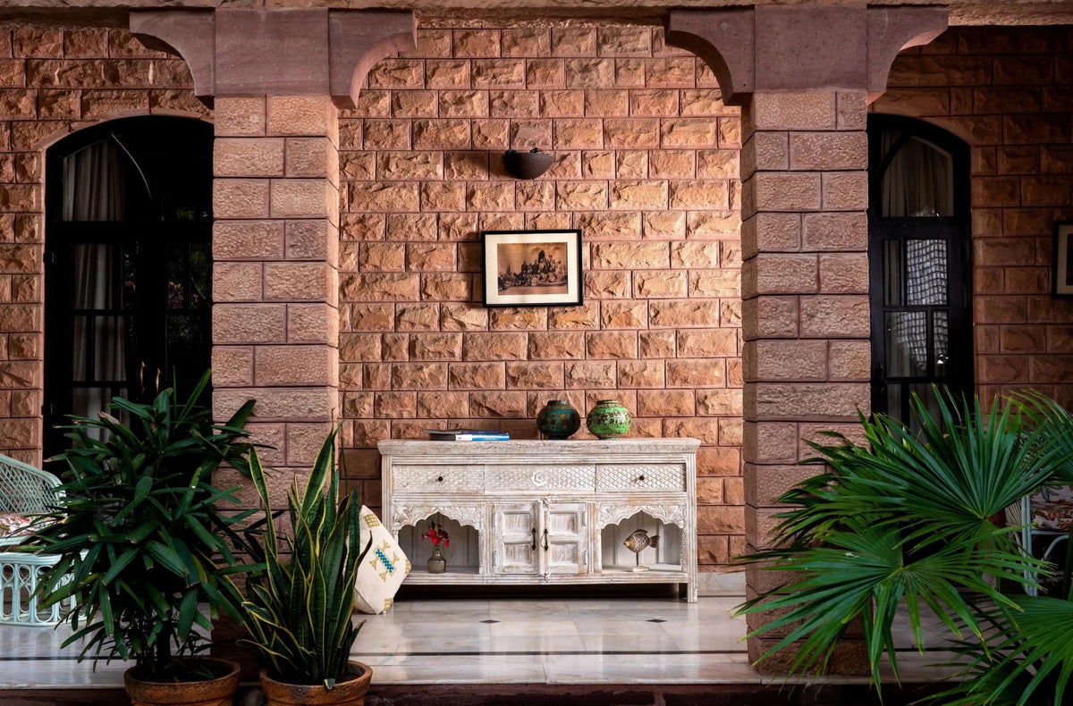 Bhanvad Whitewashed Carved Mango Wood Sideboard - DOBRI ARTS AU