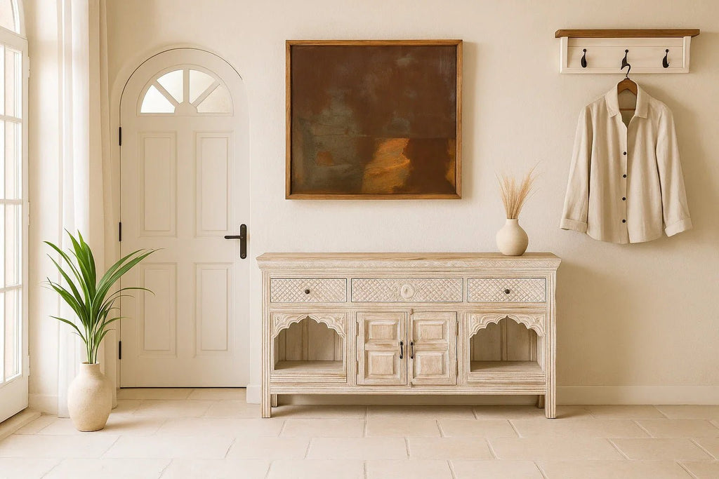 Bhanvad Whitewashed Carved Mango Wood Sideboard - DOBRI ARTS AU