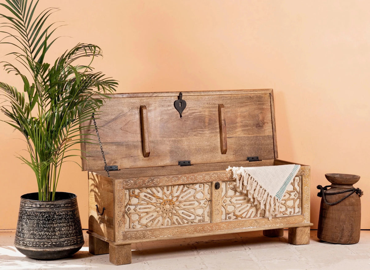 Bhogat Geometric Hand-Carved Mango Wood Storage Chest with Natural Finish - DOBRI ARTS AU