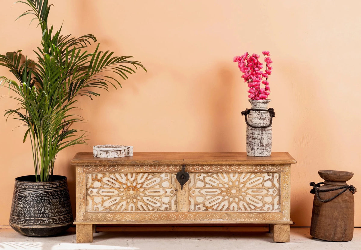 Bhogat Geometric Hand-Carved Mango Wood Storage Chest with Natural Finish - DOBRI ARTS AU