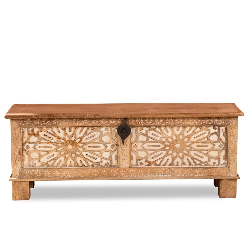 Bhogat Geometric Hand-Carved Mango Wood Storage Chest with Natural Finish - DOBRI ARTS AU