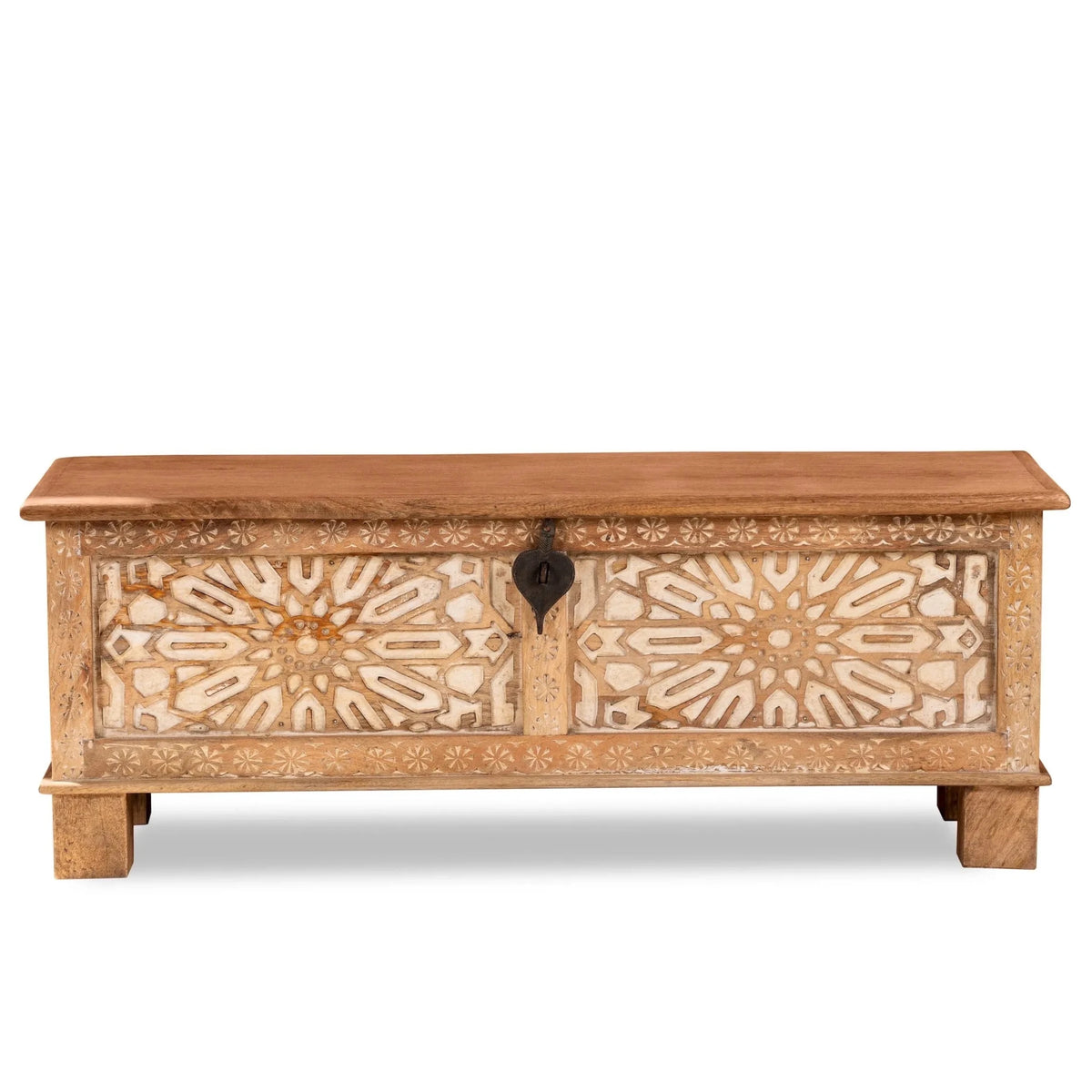 Bhogat Geometric Hand-Carved Mango Wood Storage Chest with Natural Finish - DOBRI ARTS AU