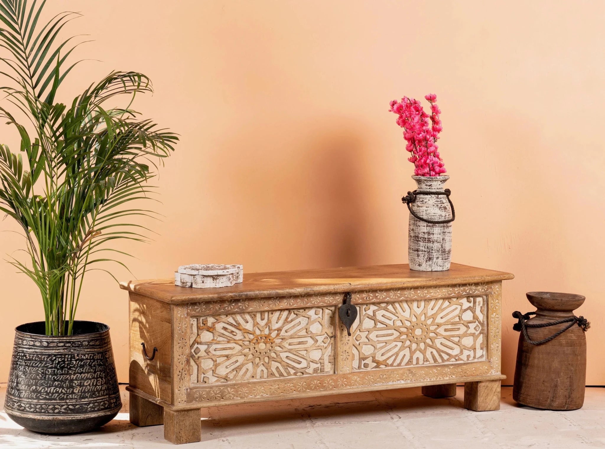 Bhogat Geometric Hand-Carved Mango Wood Storage Chest with Natural Finish - DOBRI ARTS AU