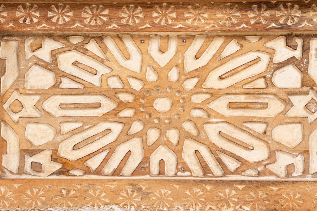 Bhogat Geometric Hand-Carved Mango Wood Storage Chest with Natural Finish - DOBRI ARTS AU