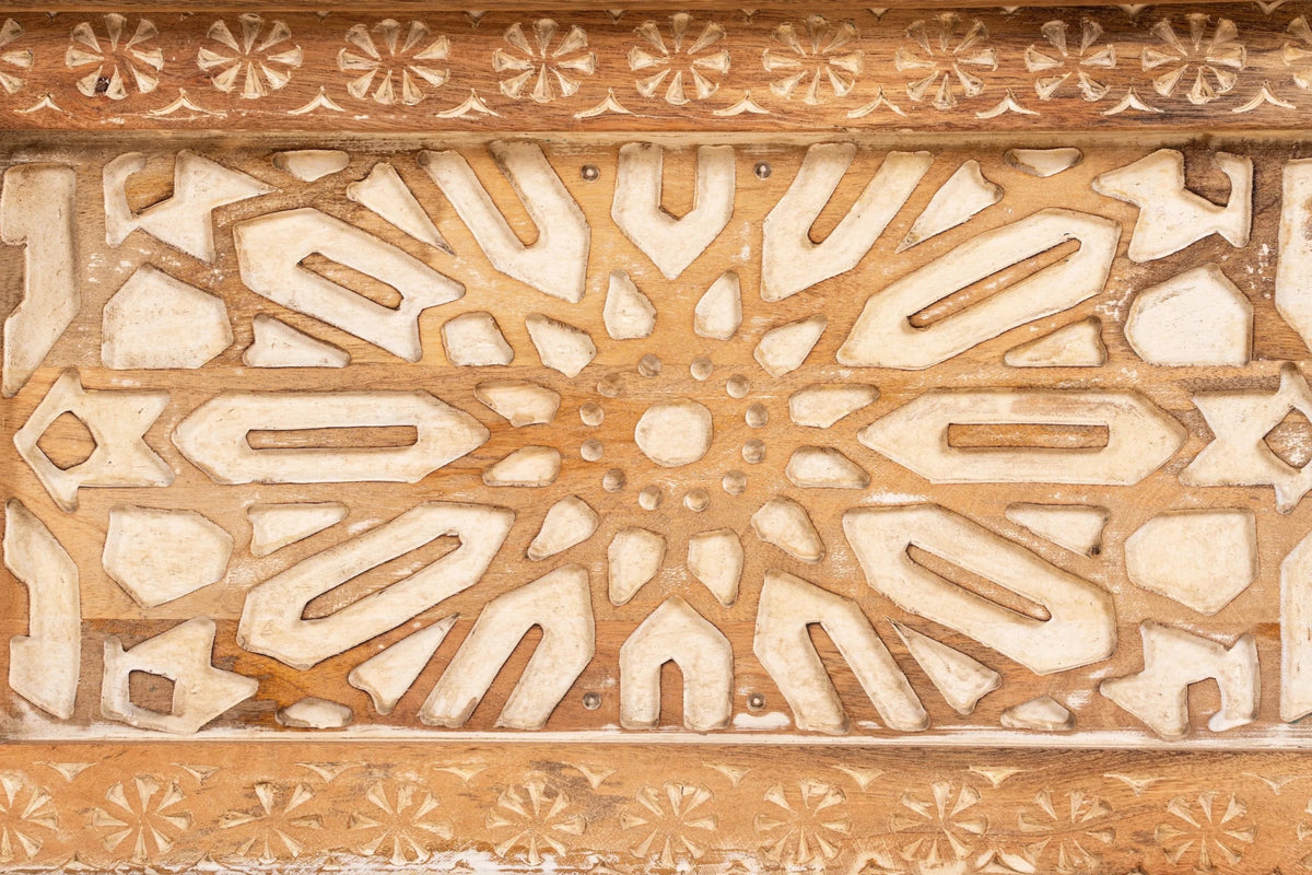 Bhogat Geometric Hand-Carved Mango Wood Storage Chest with Natural Finish - DOBRI ARTS AU