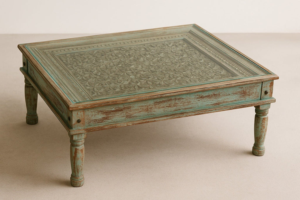 Bianca Hand-Carved Glass Top Wooden Coffee Table - DOBRI ARTS AU