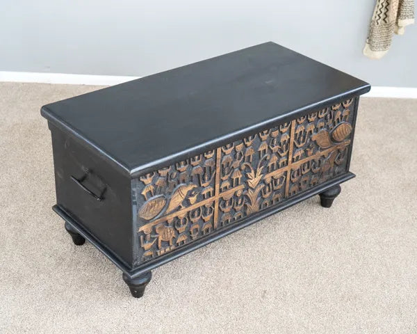 Folk Carved Black Wooden Storage Chest