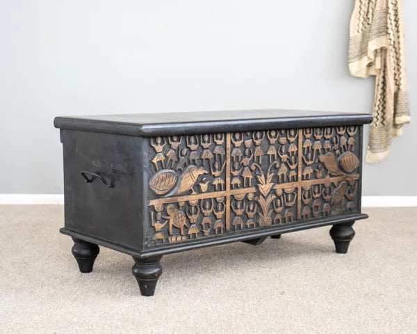 Folk Carved Black Wooden Storage Chest