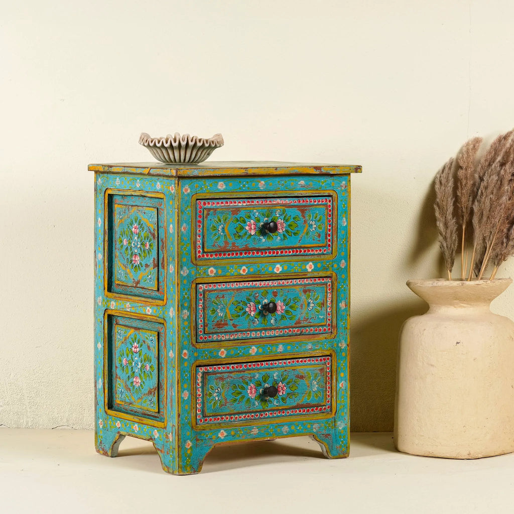 Bohemian Turquoise Hand-Painted Floral Chest - DOBRI ARTS AU