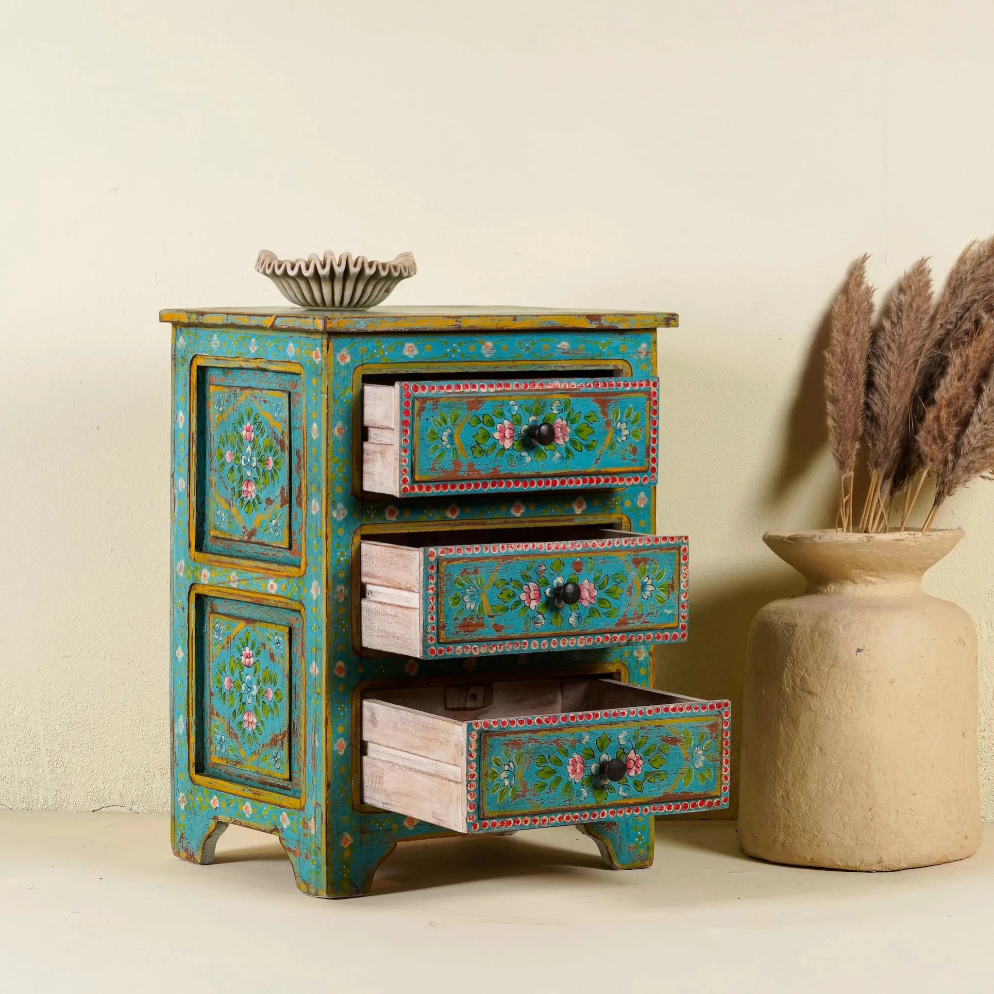 Bohemian Turquoise Hand-Painted Floral Chest - DOBRI ARTS AU