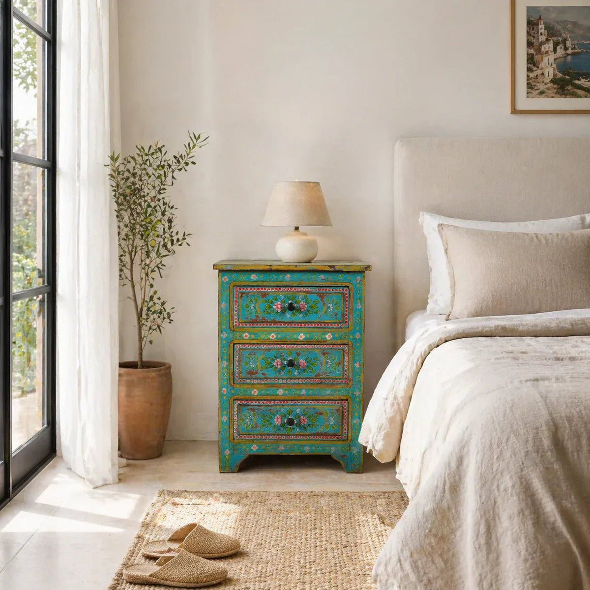 Bohemian Turquoise Hand-Painted Floral Chest - DOBRI ARTS AU