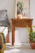 Brontes Hand-Carved Mango Wood Bedside Table – Solid Wood Nightstand with Geometric Carved Drawer, Rustic Accent & Storage - DOBRI ARTS AU