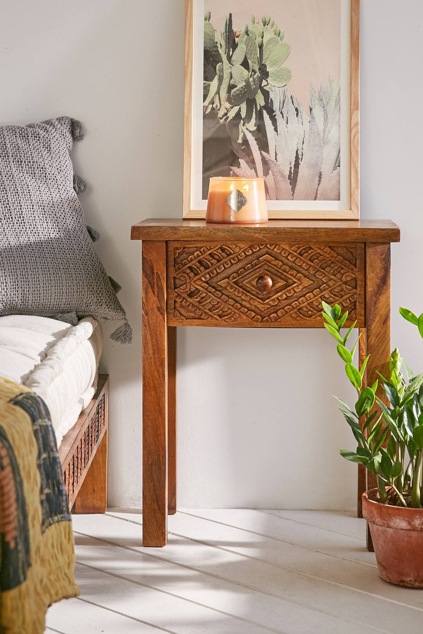 Brontes Hand-Carved Mango Wood Bedside Table – Solid Wood Nightstand with Geometric Carved Drawer, Rustic Accent & Storage - DOBRI ARTS AU